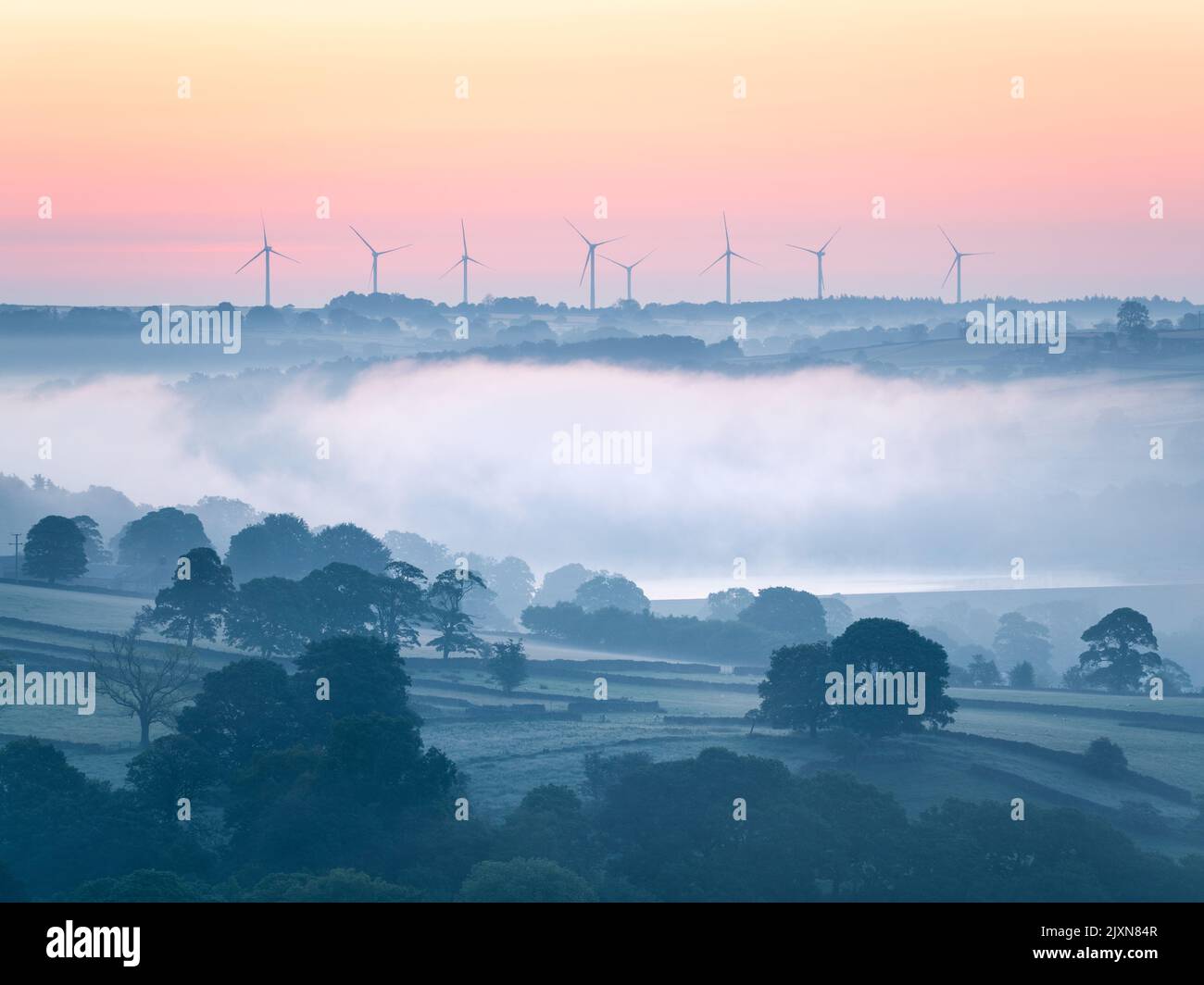 Wind Turbines are framed by a beautiful pastel sunrise on a misty summer morning above Swinsty Reservoir in North Yorkshire. Stock Photo