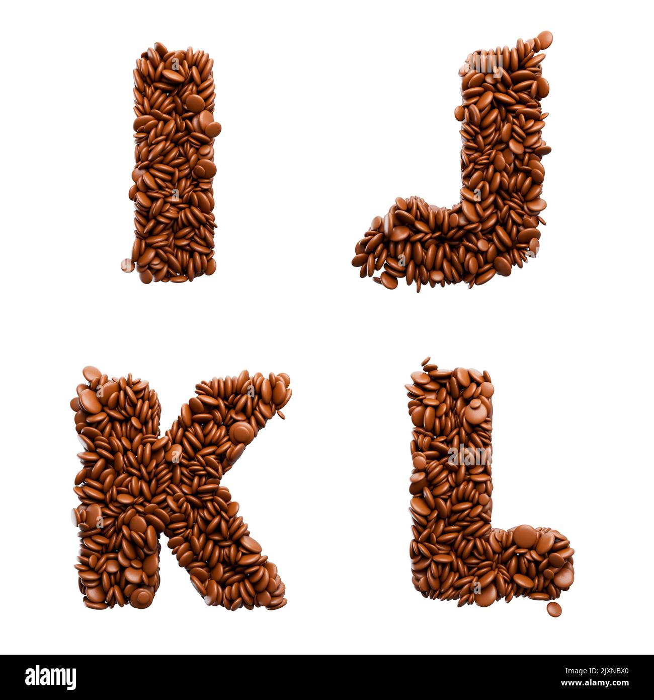 The 3d rendering of letters I J K L made of chocolate candies isolated on white background. Stock Photo