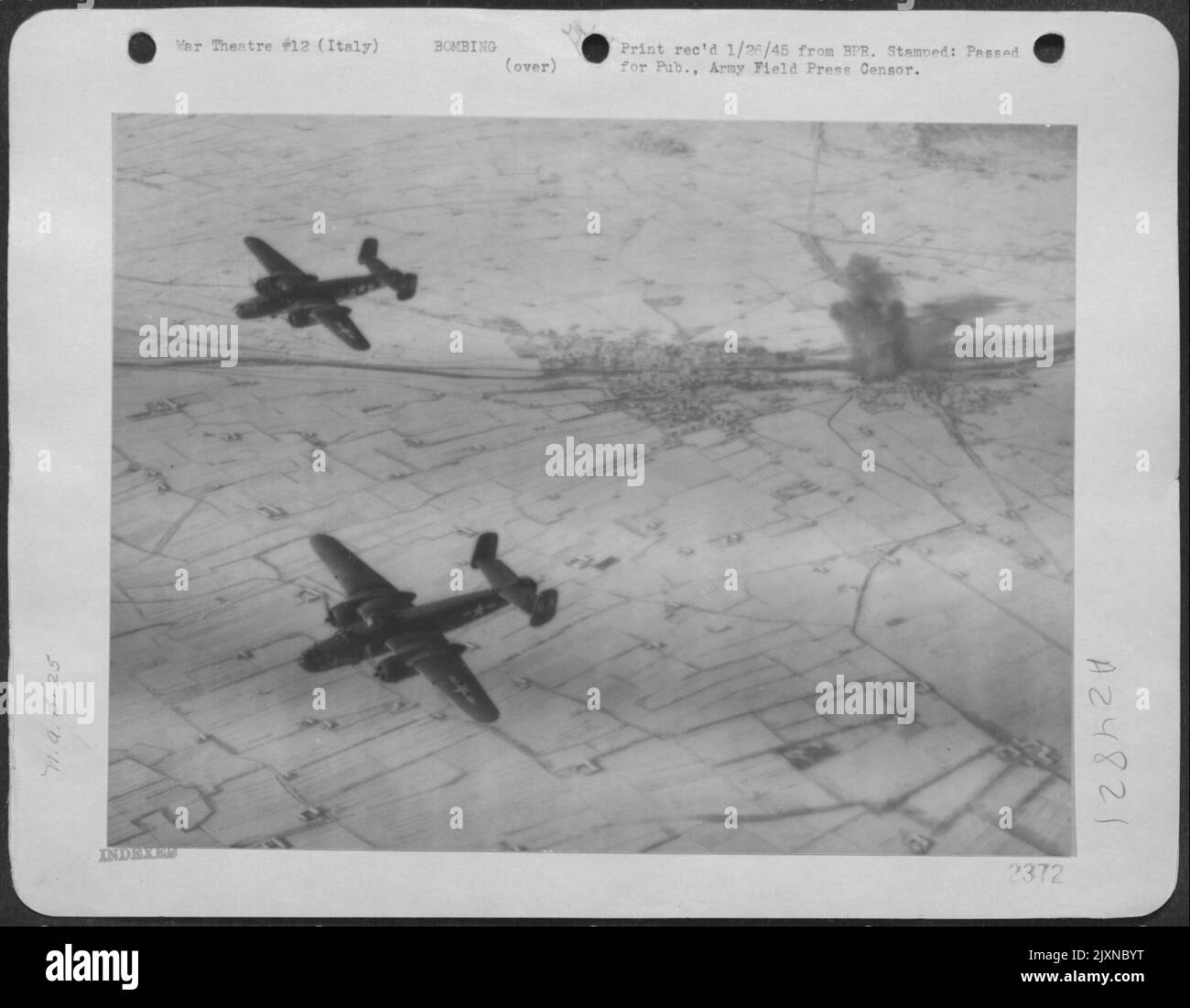 An Important Factor In Stopping The Attempted German Counteroffensive On The West Coast Of Italy Late In December Was This Attack By North American B-25 Mitchells Of The 12Th Aaf On Enemy Barracks At Aulla Near La Spezia On 28 December 1944. Hits Were Sc Stock Photo