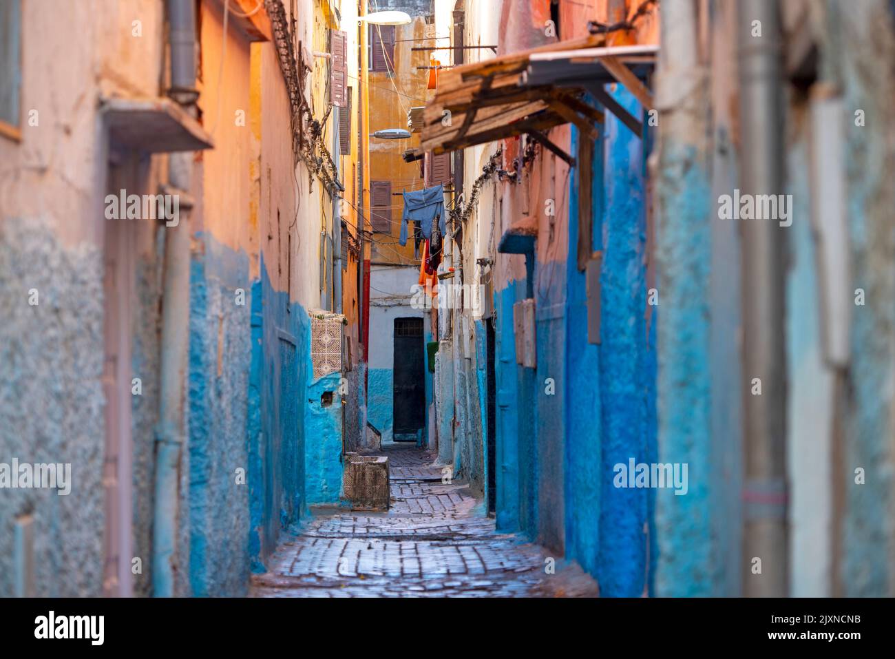 Traditional colorful small streets of the old town, medina district in Casablanca in Morocco Stock Photo