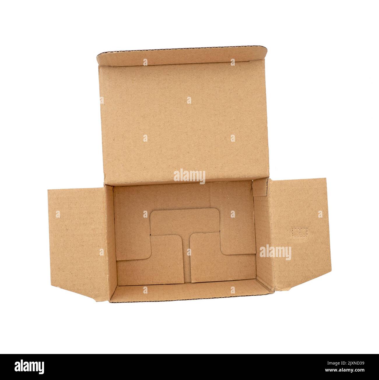 Opened small empty cardboard box isolated on white, top view Stock Photo