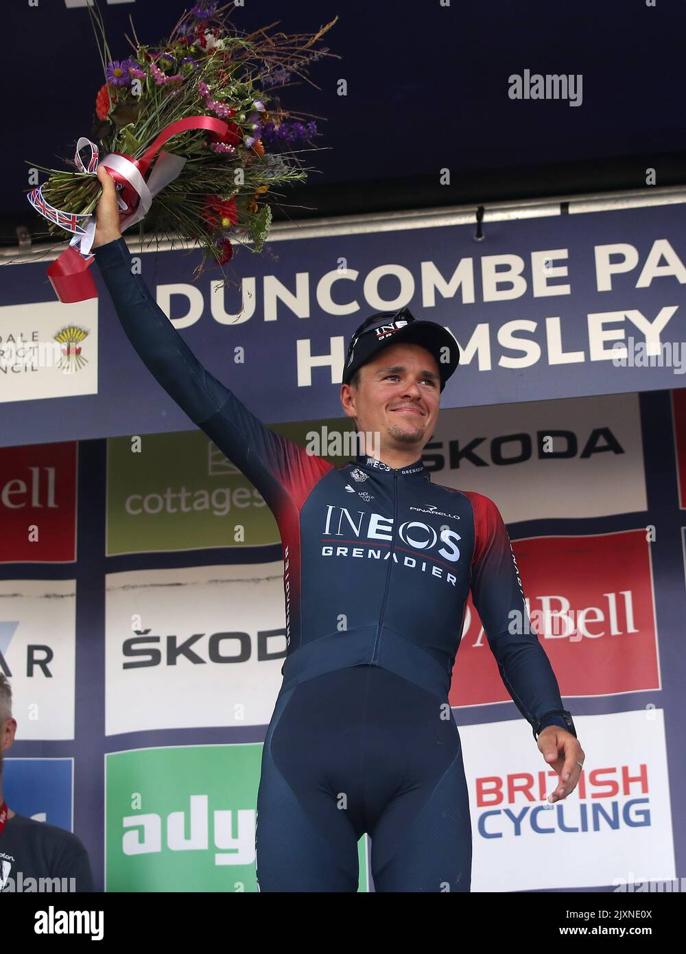 British Cycling Best British Rider INEOS Grenadiers Thomas Pidcock on the podium after stage four of the AJ Bell Tour of Britain from Redcar to Duncombe Park, Helmsley. Picture date: Wednesday September 7, 2022. Stock Photo
