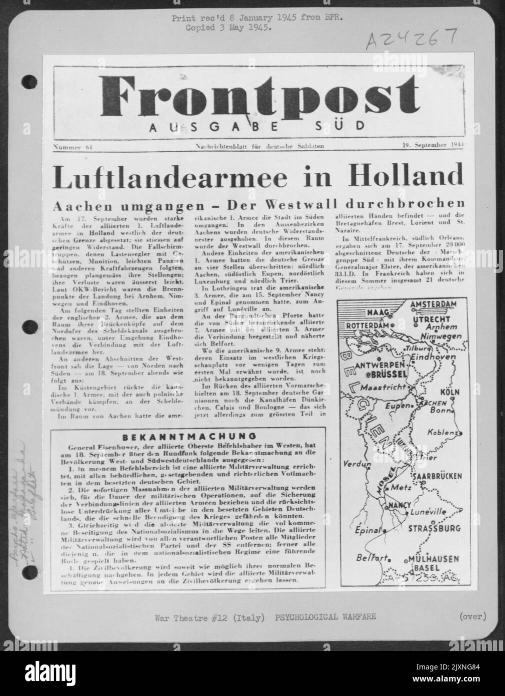 'Airborne Army In Holland' Is The Information Passed On To The Jerries Via This Copy Of 'Frontpost' The American Propaganda Leaflet. Accurate Maps Are Provided To Show The Position Of The Front Lines In The West. Italy. Stock Photo