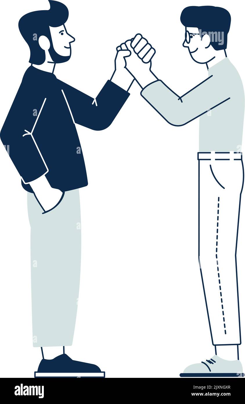 Two men raising handshake. Partnership symbol. Friendship sign Stock Vector