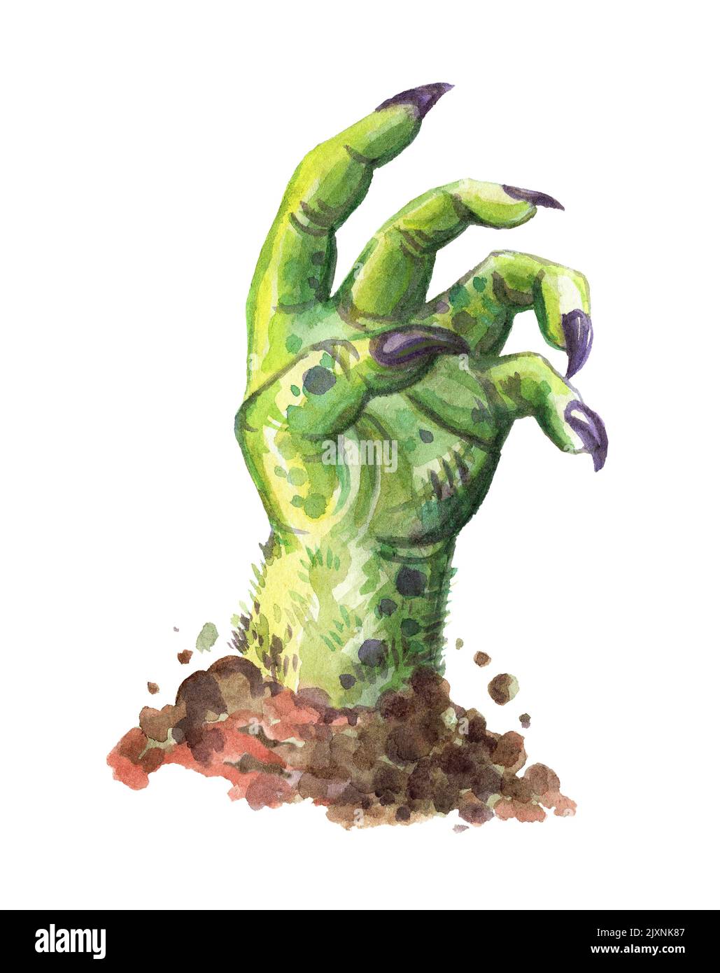 Watercolor illustration of scary Halloween zombie hand out of the ground. Halloween illustration. Watercolor painting. For halloween party, posters, d Stock Photo