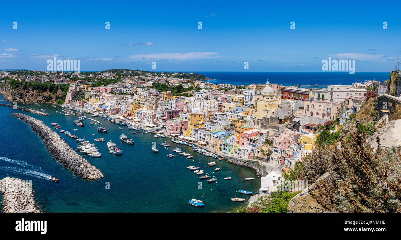 Colorful houses in Marina di Corricella harbour. Procida island, Naples, Italy, Europe. Stock Photo