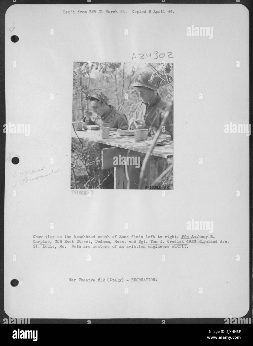 Chow time on the beachhead south of Rome finds left to right Pfc