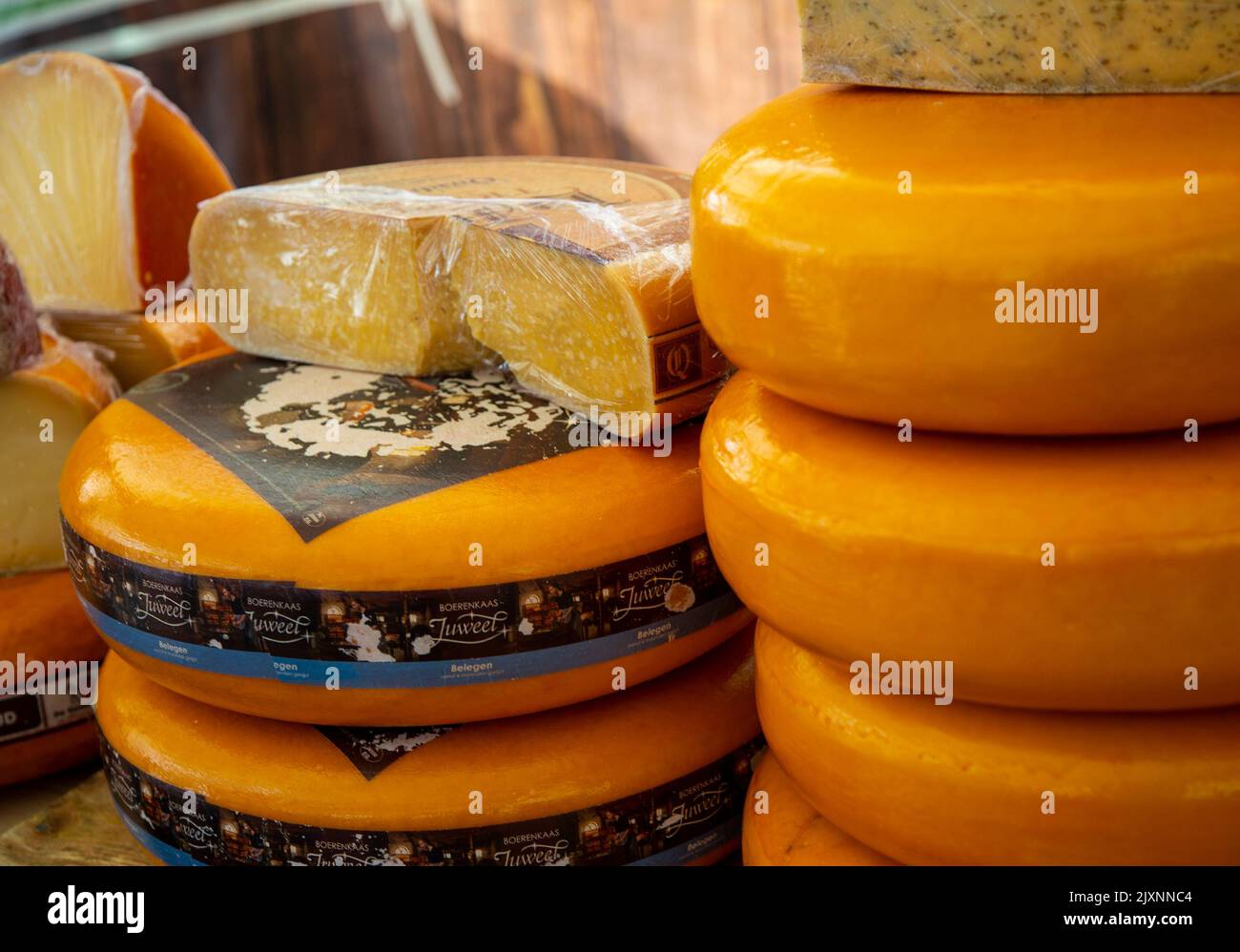 Cheese on display at an outdoor market in Amsterdam Stock Photo