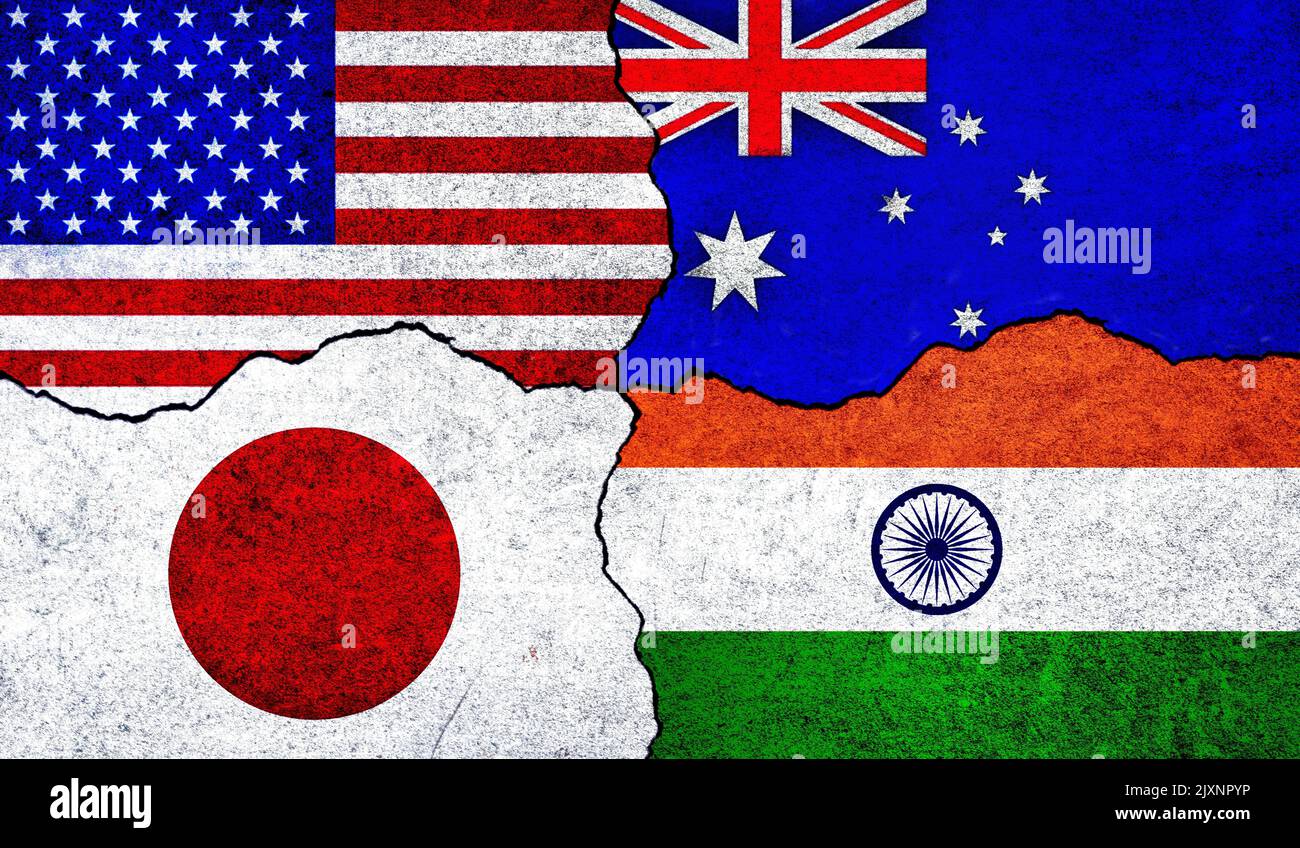 Australia usa japan conflict hi res - Quad Members Usa Japan India And Australia Flags Together Quadrilateral Security Dialogue Members Japan Usa Australia India Alliance 2JXNPYP 