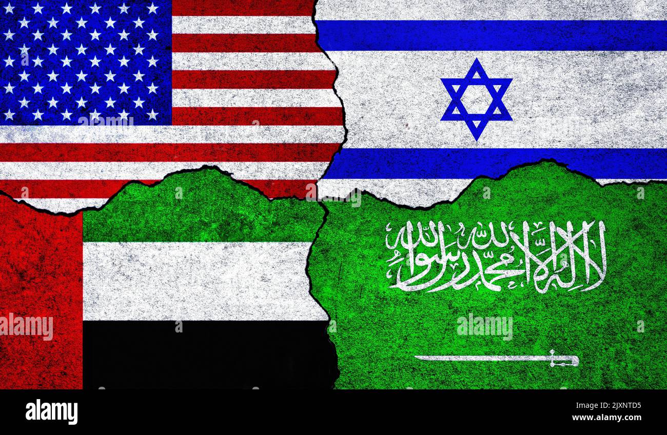 USA, Saudi Arabia, United Arab Emirates and Israel flags together. USA Israel Saudi Arabia UAE alliance Stock Photo