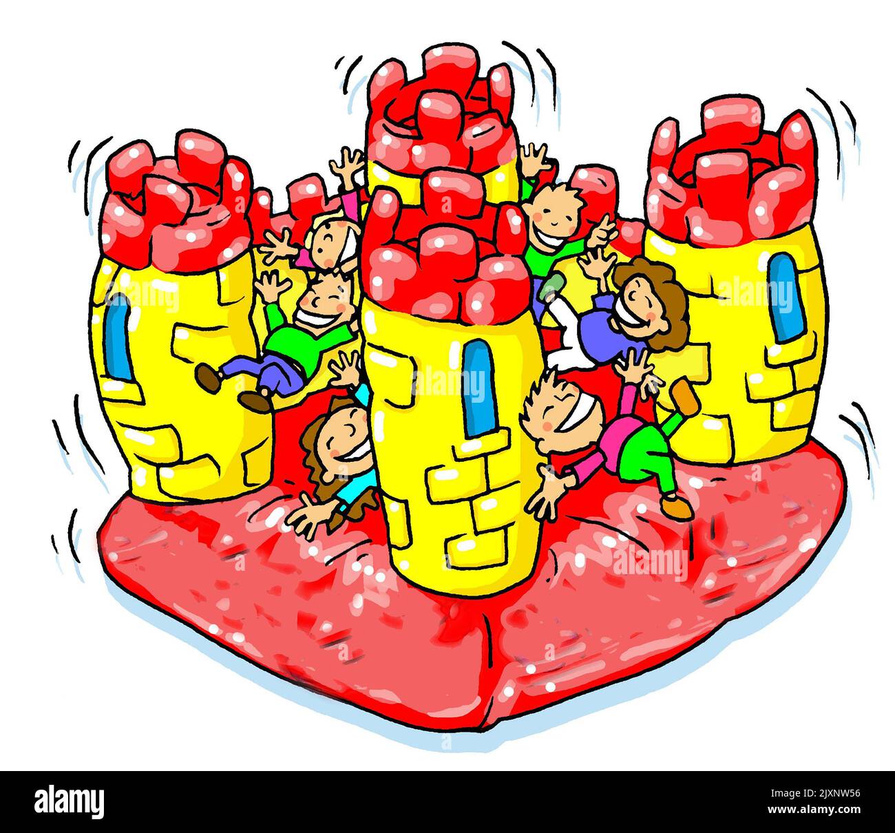Cartoon art illustration showing group of young children, boys and girls, having fun, playing on an inflatable bouncy castle. Festivals, village fetes Stock Photo