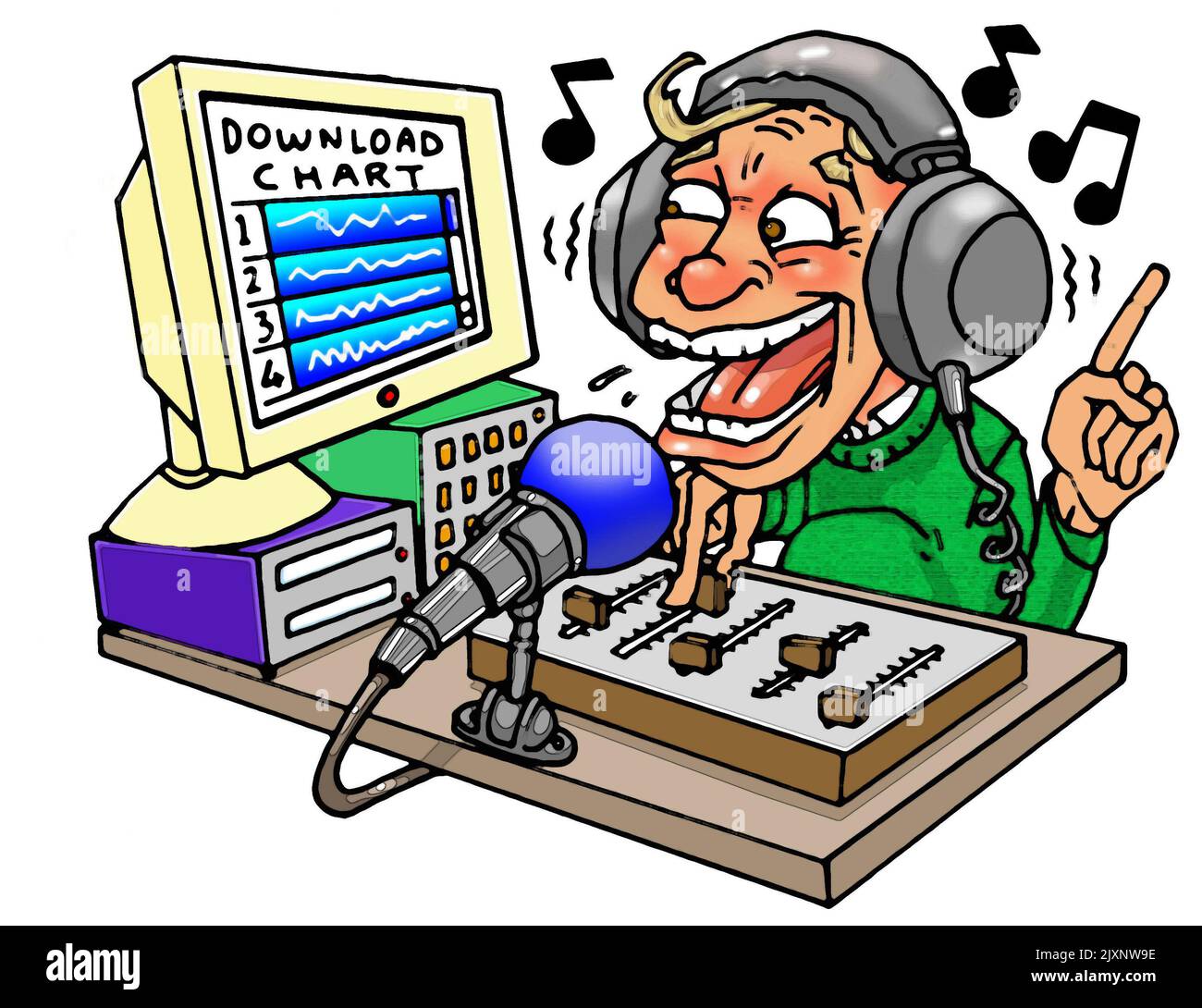 Cartoon, art, illustration of a disc jockey (DJ) sitting at a mixing desk, playing a selection of hits from the top of the pop music download charts. Stock Photo