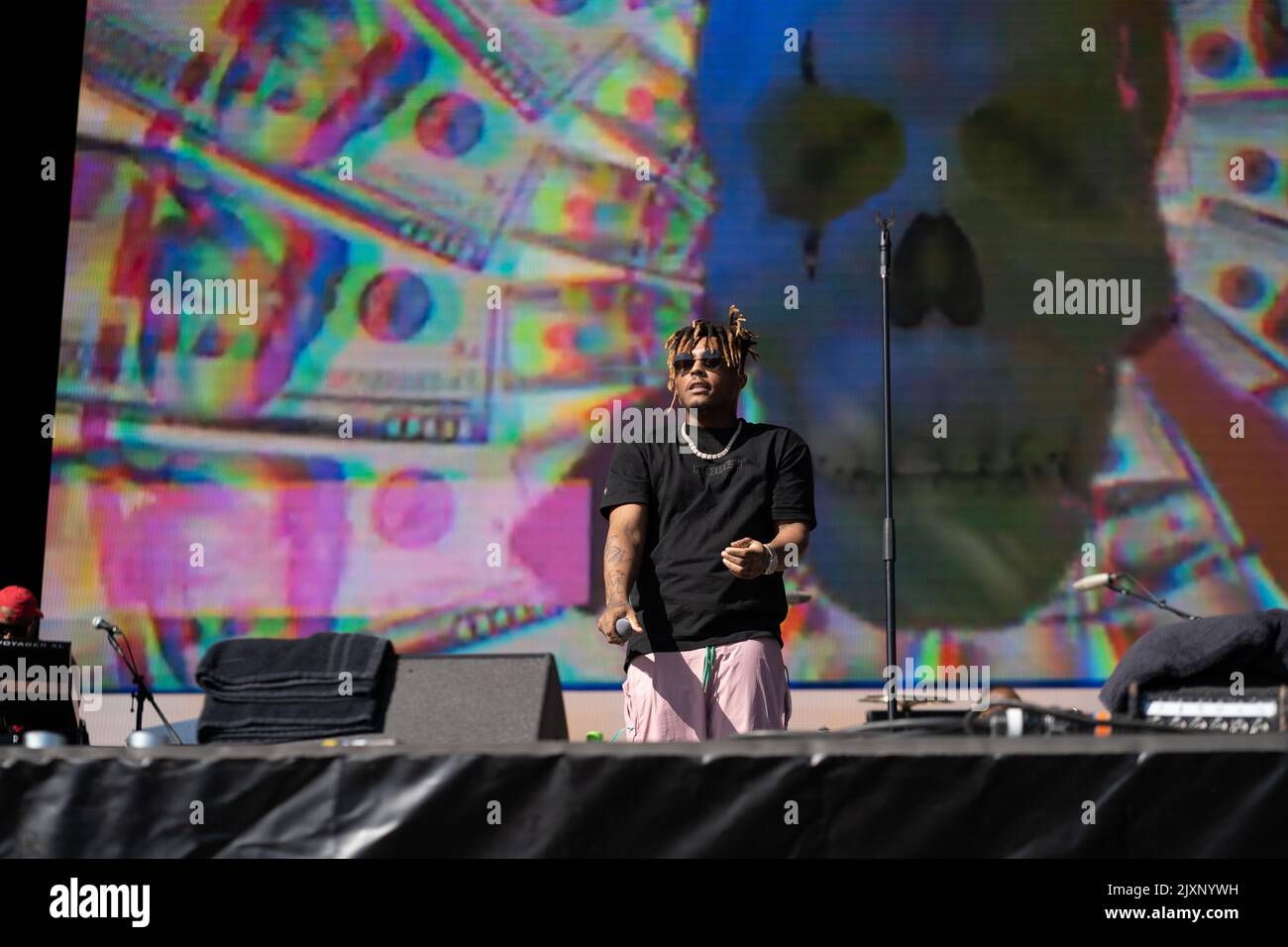 Juice WRLD is seen playing on the main stage at the Leeds Festival. Stock Photo