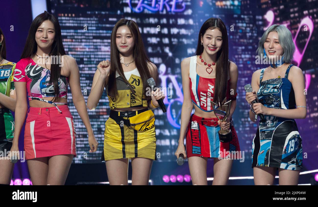 South Korean K-Pop girl group IVE, performs on the stage during a MBC ...