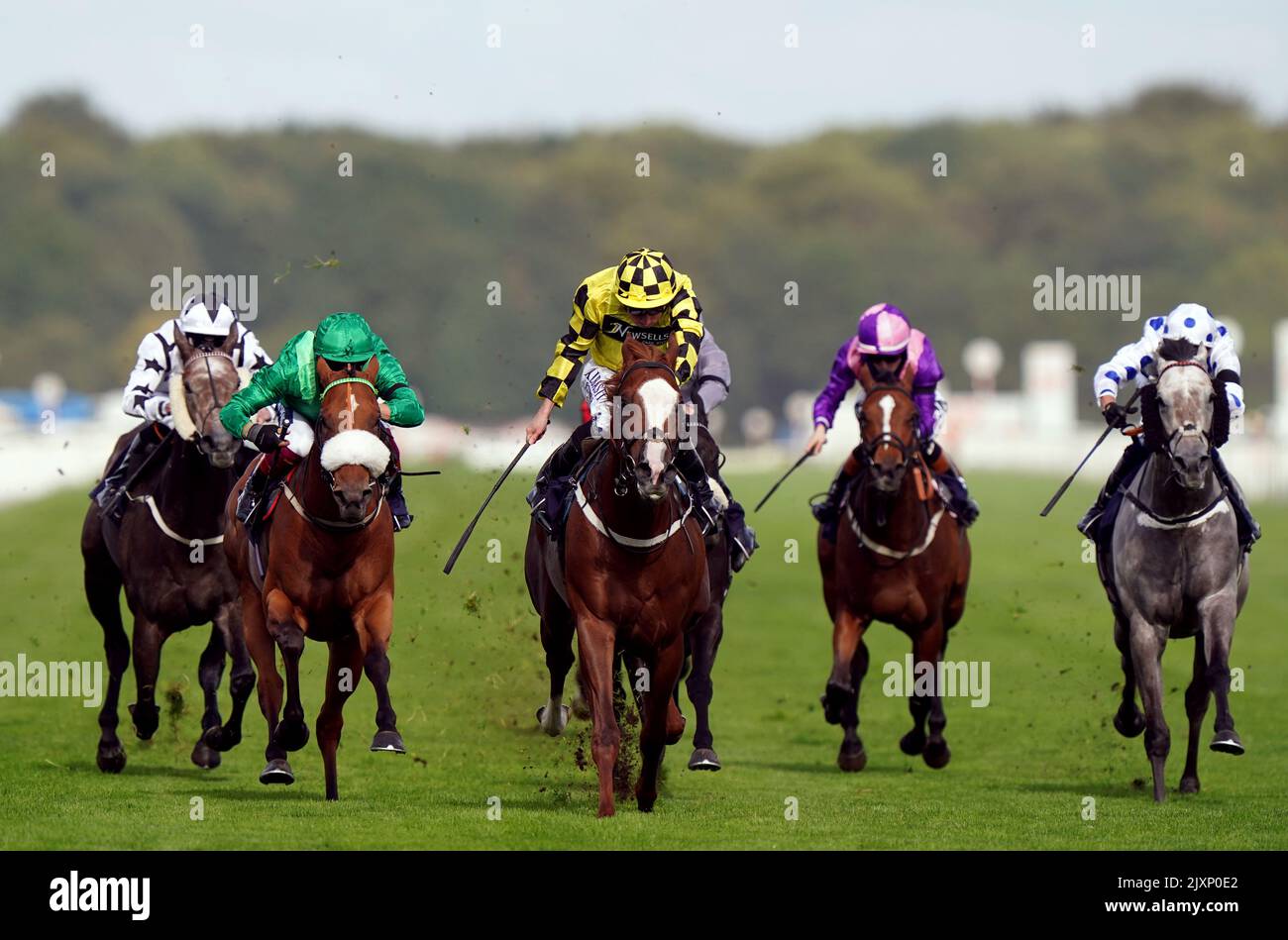 Manaccan ridden by Ryan Moore on their way to winning the Cazoo Scarbrough Stakes on day one of The Cazoo St Leger Festival at Doncaster Racecourse. Picture date: Wednesday September 7, 2022. Stock Photo