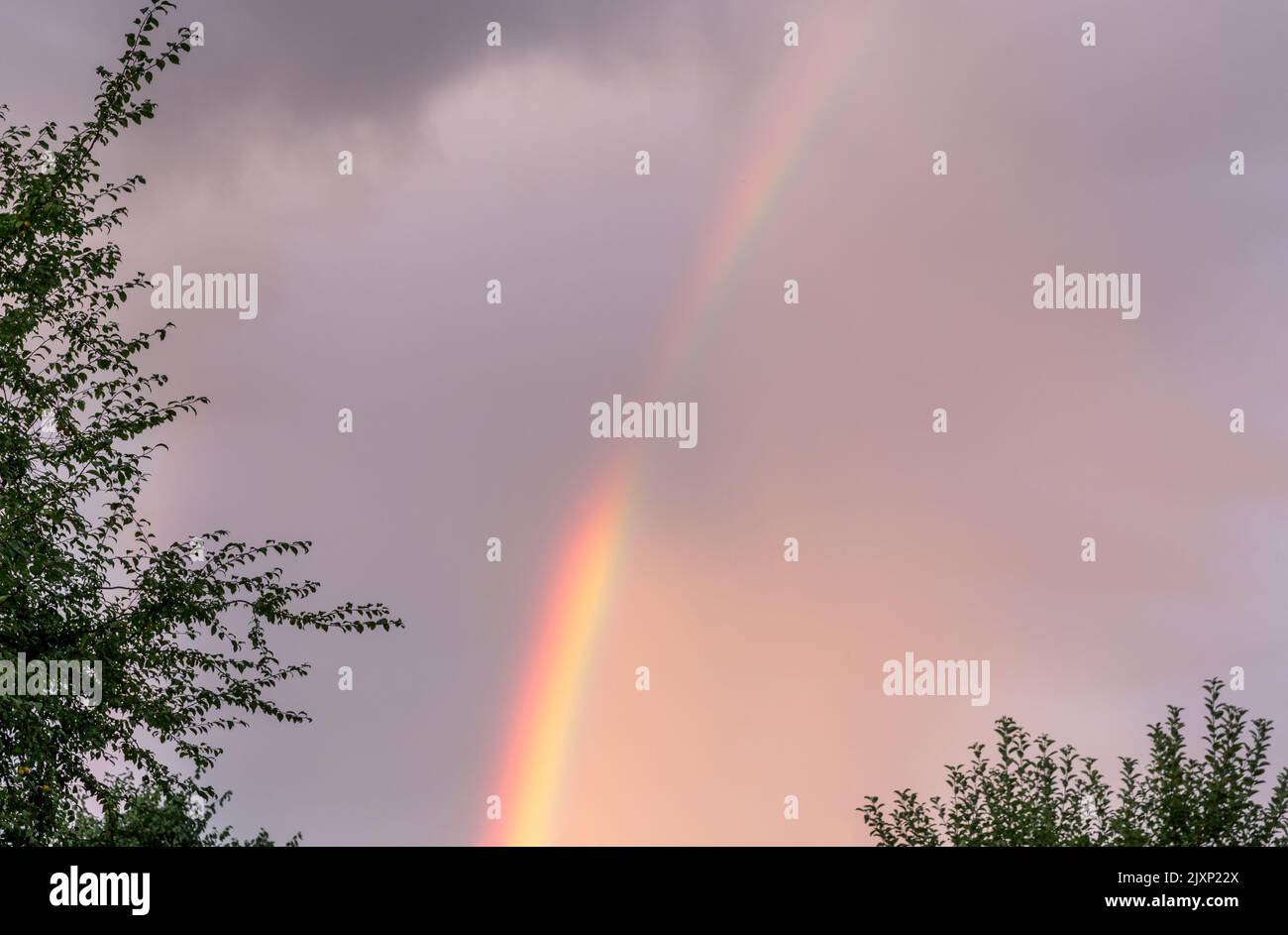 Close up view of rainbow in cloudy evening summer sky. Stock Photo