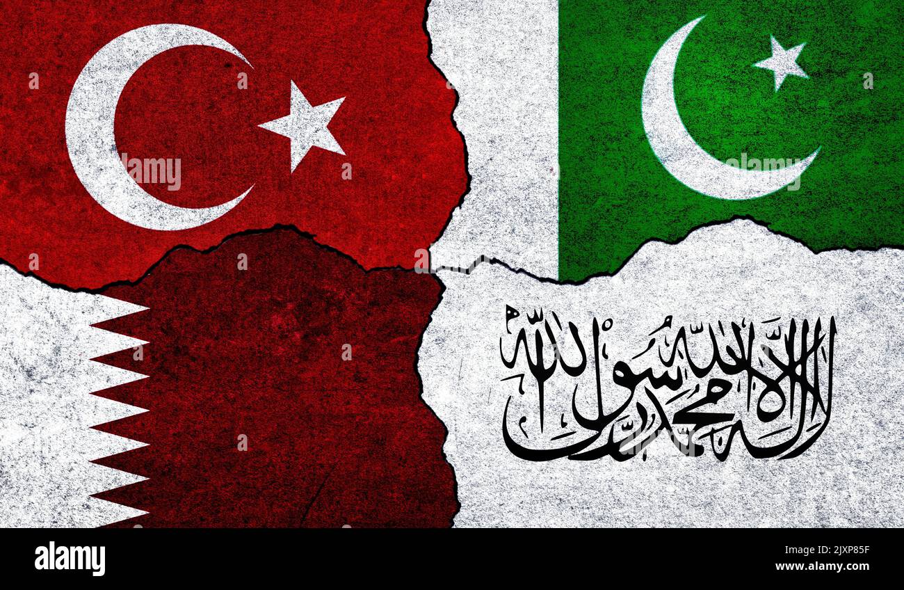 Flags of Taliban, Pakistan, Turkey and Qatar on a wall. Afghanistan