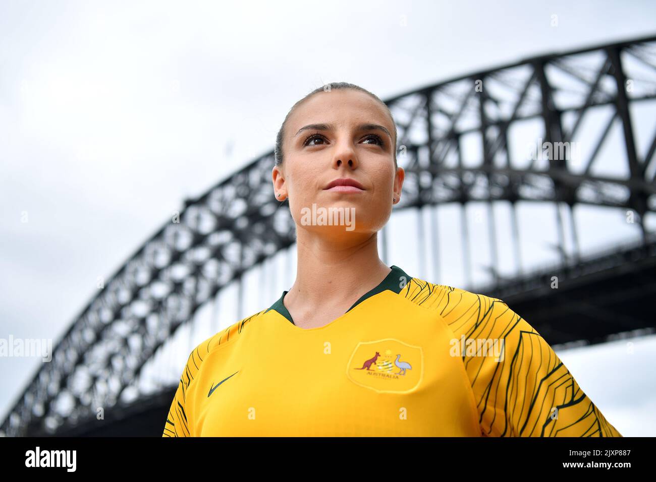 Matildas player Chloe Logarzo poses for a photograph following a