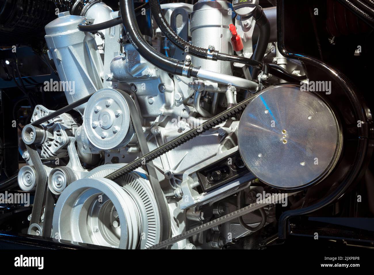 MercedesBenz bus motor, exposed chassis, engine and gears Stock Photo Alamy