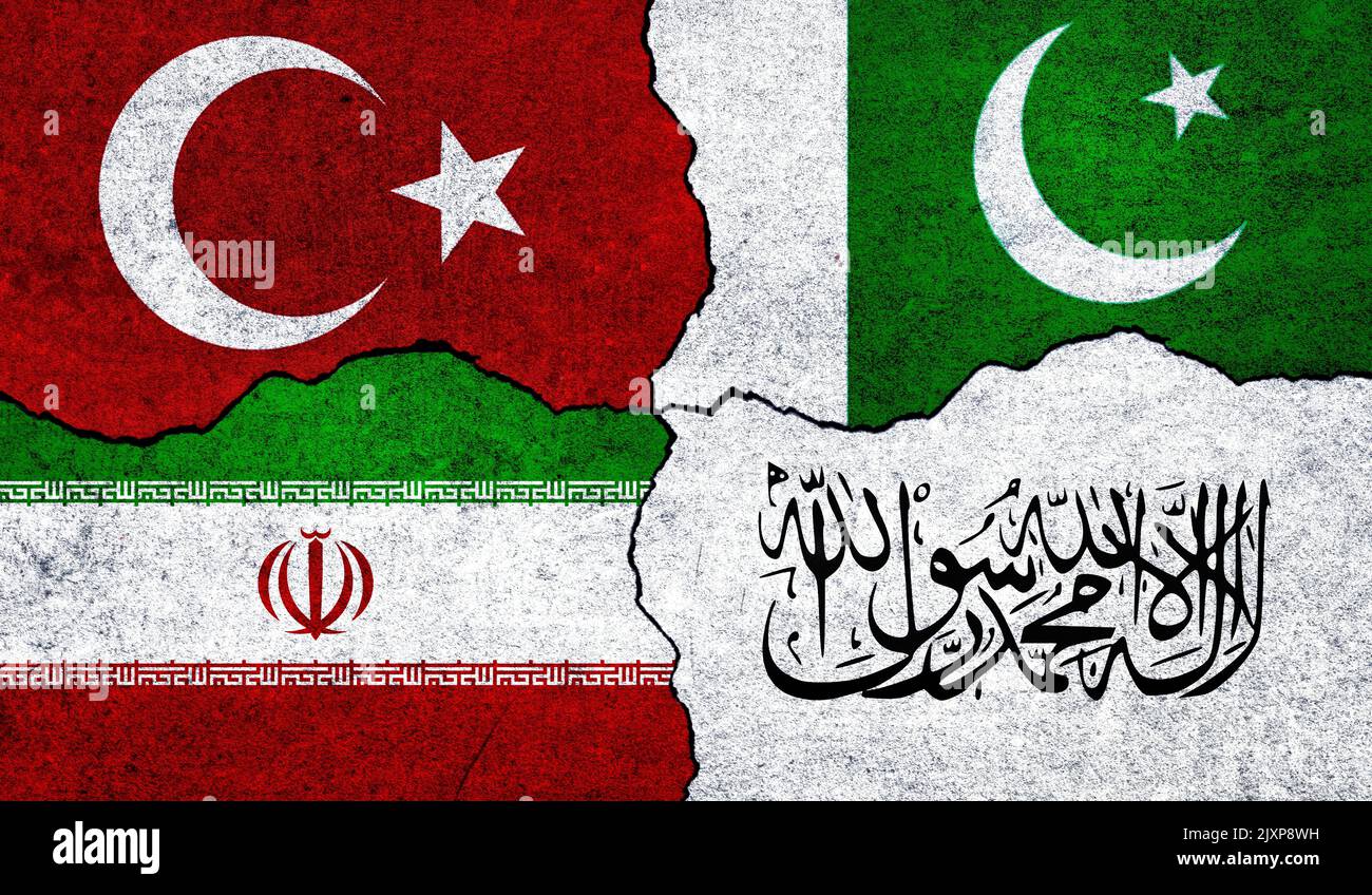 Flags of Taliban, Pakistan, Iran and Turkey on a wall. Afghanistan