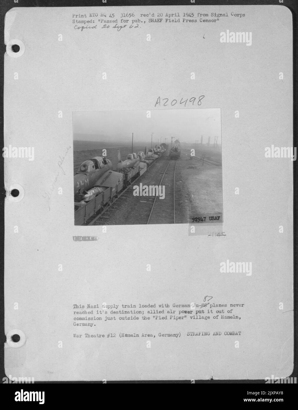 This Nazi Supply Train Loaded With German Ju-87 Planes Never Reached Its Destination; Allied Air Power Put It Out Of Commission Just Outside 'Pied Piper' Village Of Hameln, Germany. Stock Photo