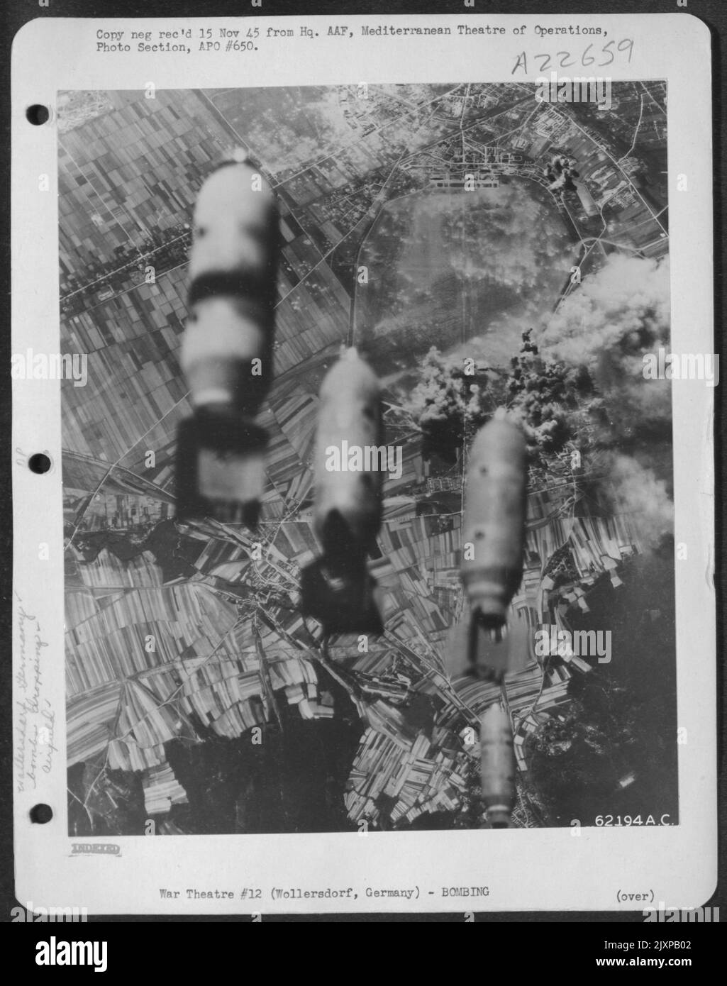 Bombs Dropped By Boeing B-17 Flying Fortresses Of The 15Th Af Explode On Airdrome Near Wollersdorf, Germany, On 29 May 1944. Stock Photo