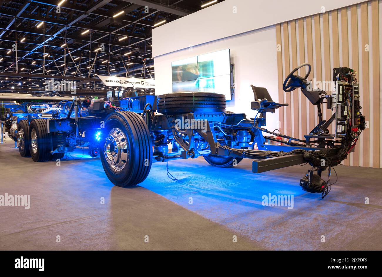 Exposed chassis, engine, gears and motor of a bus on display at the LAT.BUS 2022 exposition