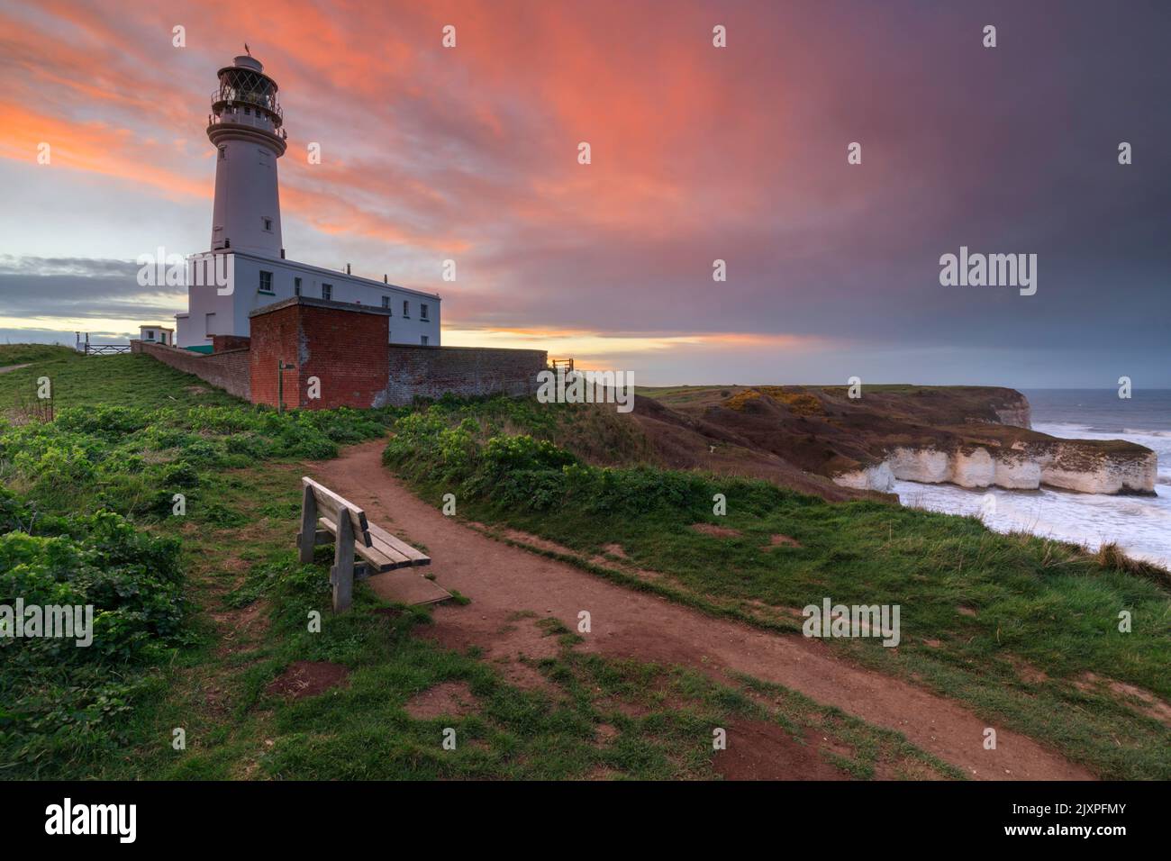 Flamborough Head Lighthouse in Yorkshire captured at sunset. Stock Photo
