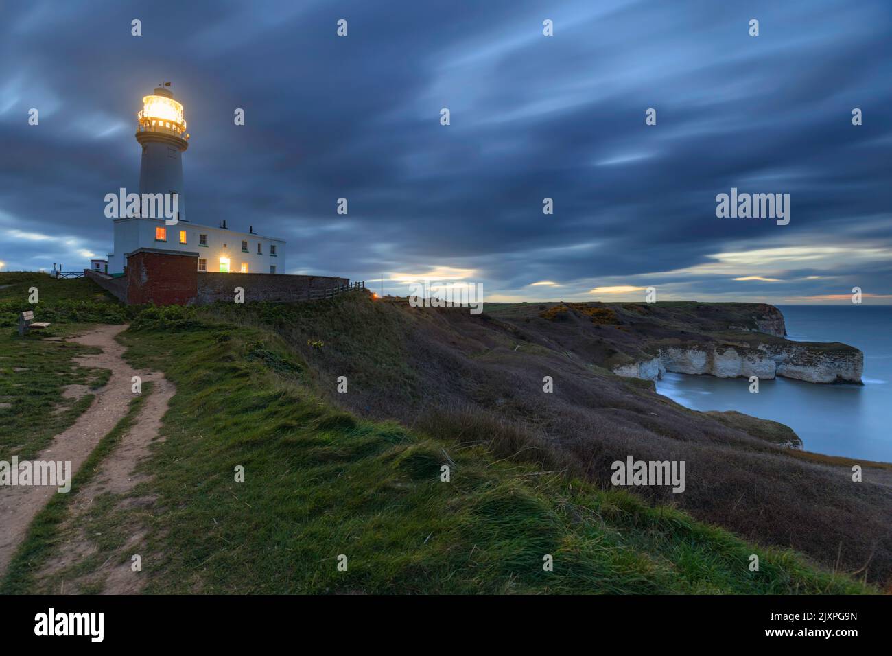 Flamborough Head Lighthouse captured after sunset. Stock Photo