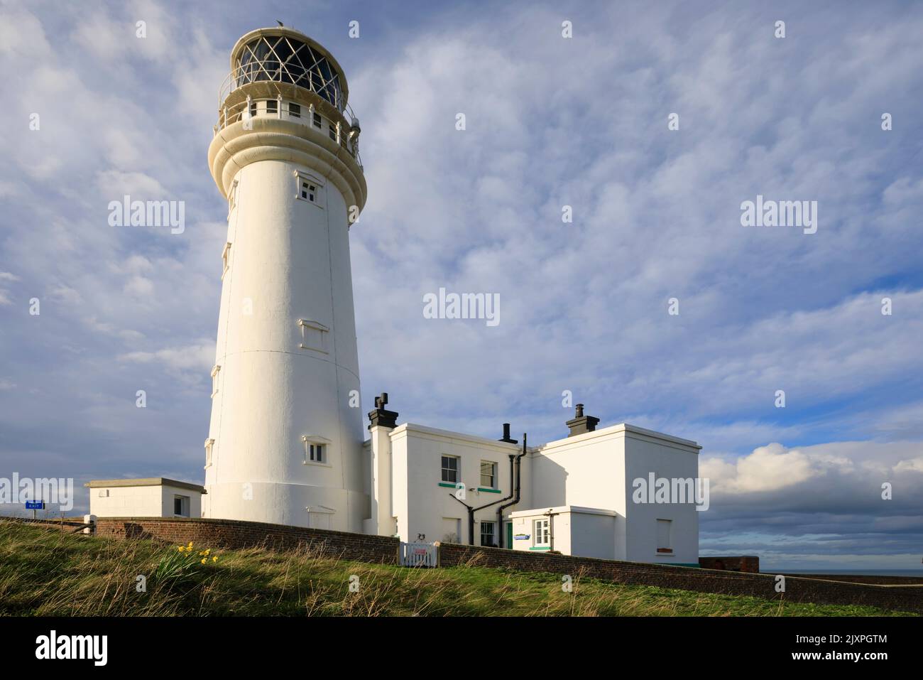 Flamborough Head Lighthouse in Yorkshire captured on an afternoon in the spring. Stock Photo