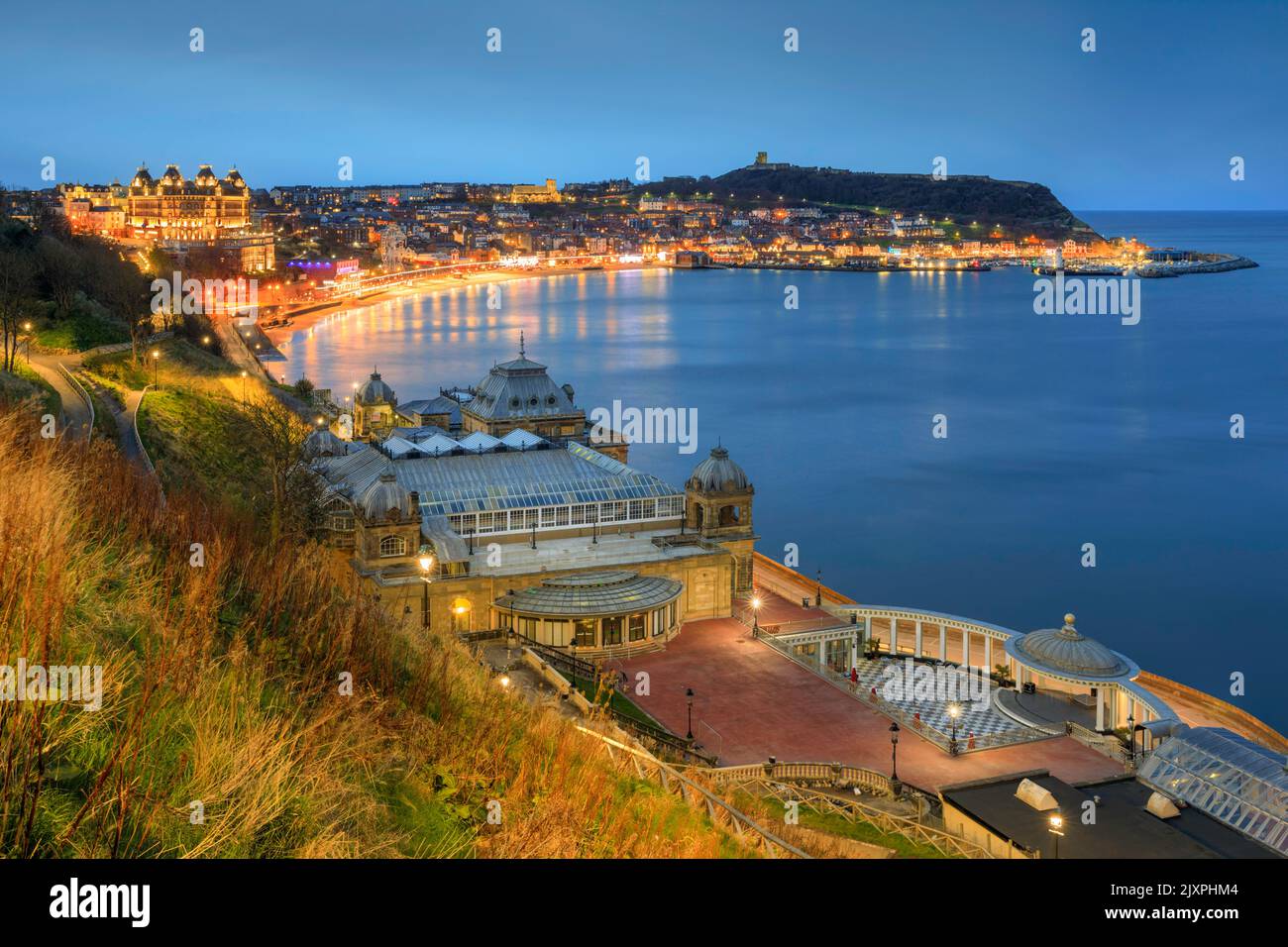South Bay at Scarborough with the spa in the foreground captured during twilight on an evening in the spring. Stock Photo