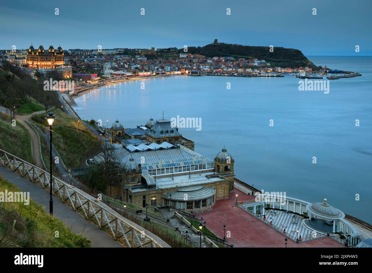South Bay at Scarborough with the spa in the foreground captured during twilight on an evening in the spring. Stock Photo