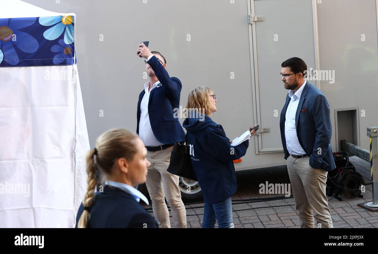 During Tuesday, the Sweden Democrats' Jimmie Åkesson (to the right) and Jessica Stegrud (not in the picture) visited Norrköping, Sweden. The visit was part of the party's campaign trip ahead of the Swedish parliamentary elections. The party writes in the press release that, among other things, entertainment and speeches will be offered. Stock Photo