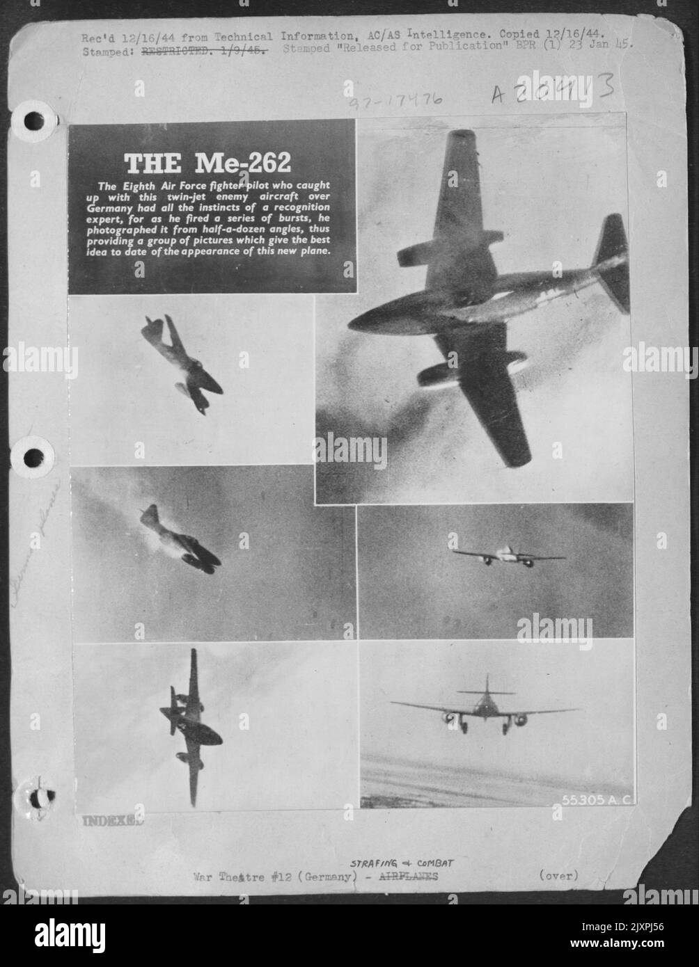 The 8th Air Force fighter pilot who caught up with this twin-jet enemy aircraft over Germany had all the instincts of a recognition expert, for as he fired a series of bursts, he photographed it from half-a-dozen angles, thus providing a group of Stock Photo