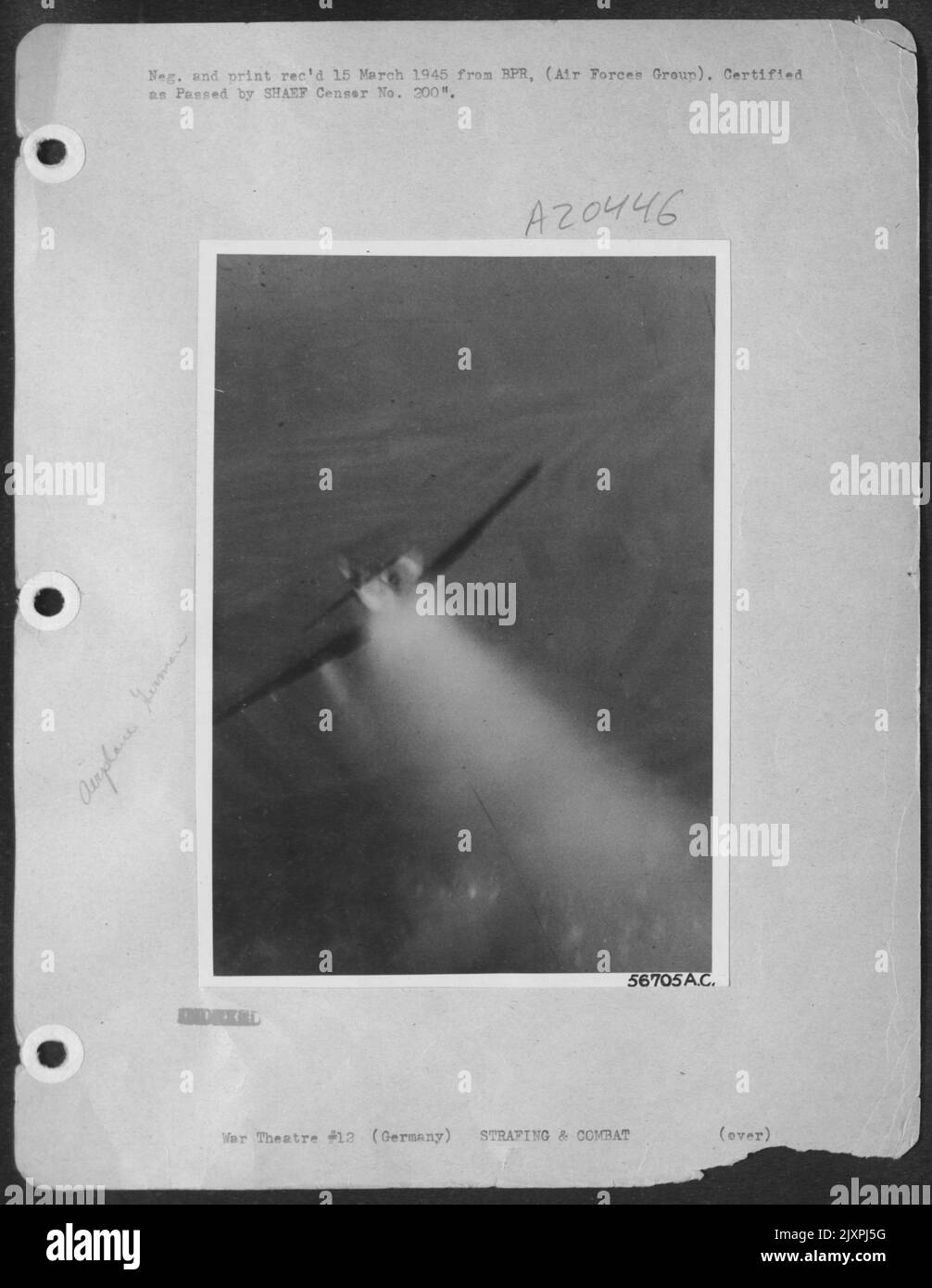 An ME-109 trailing smoke after an attack by Capt. Floyd C. Brandt, a fighter-bomber pilot of the 19th Tactical Air Command during recent air battles over Germany. Republic P-47 pilots of the Command are spearheading Lt. Gen. George Patton's current Stock Photo