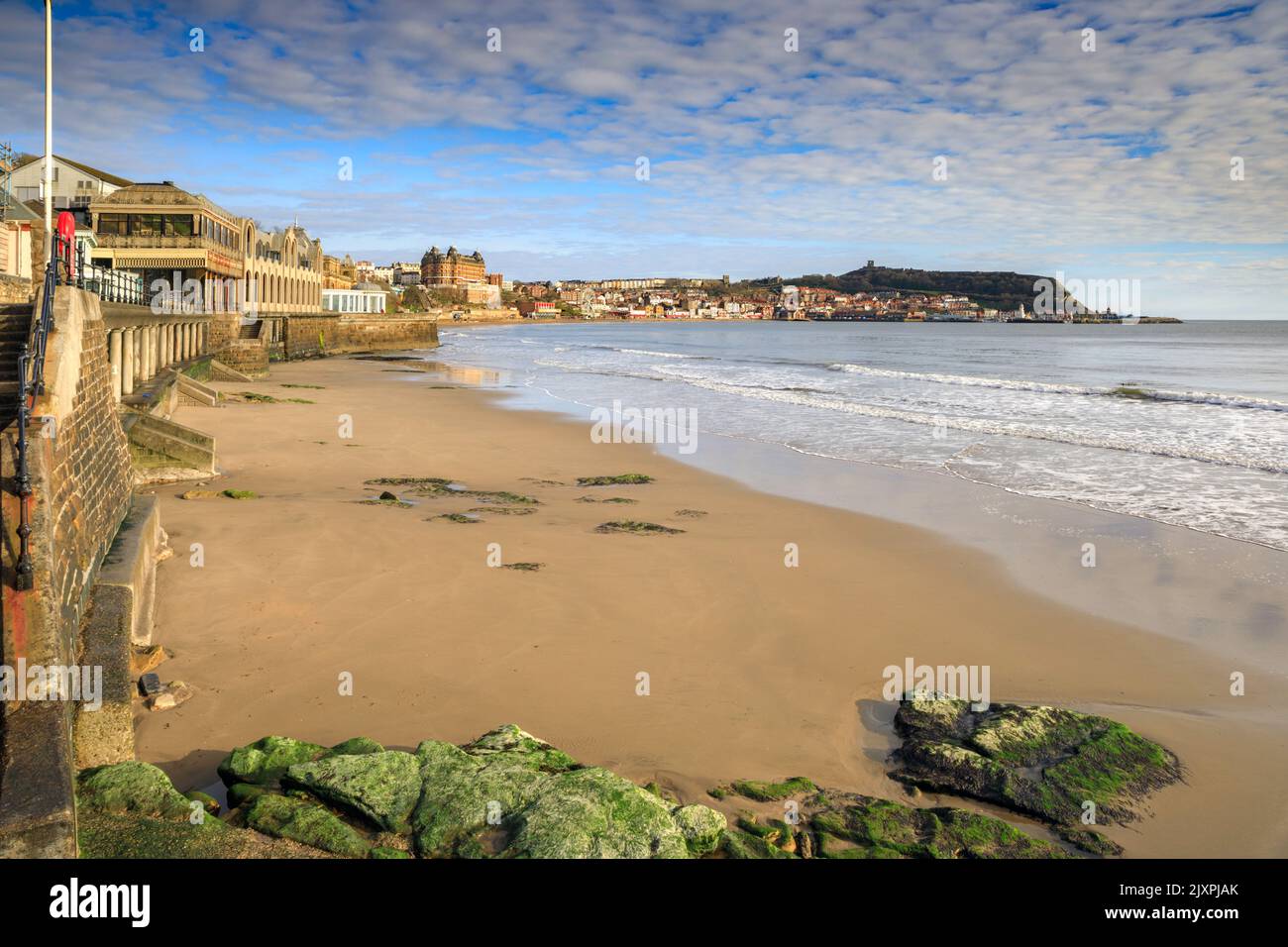 Scarborough captured from the beach near the spa. Stock Photo
