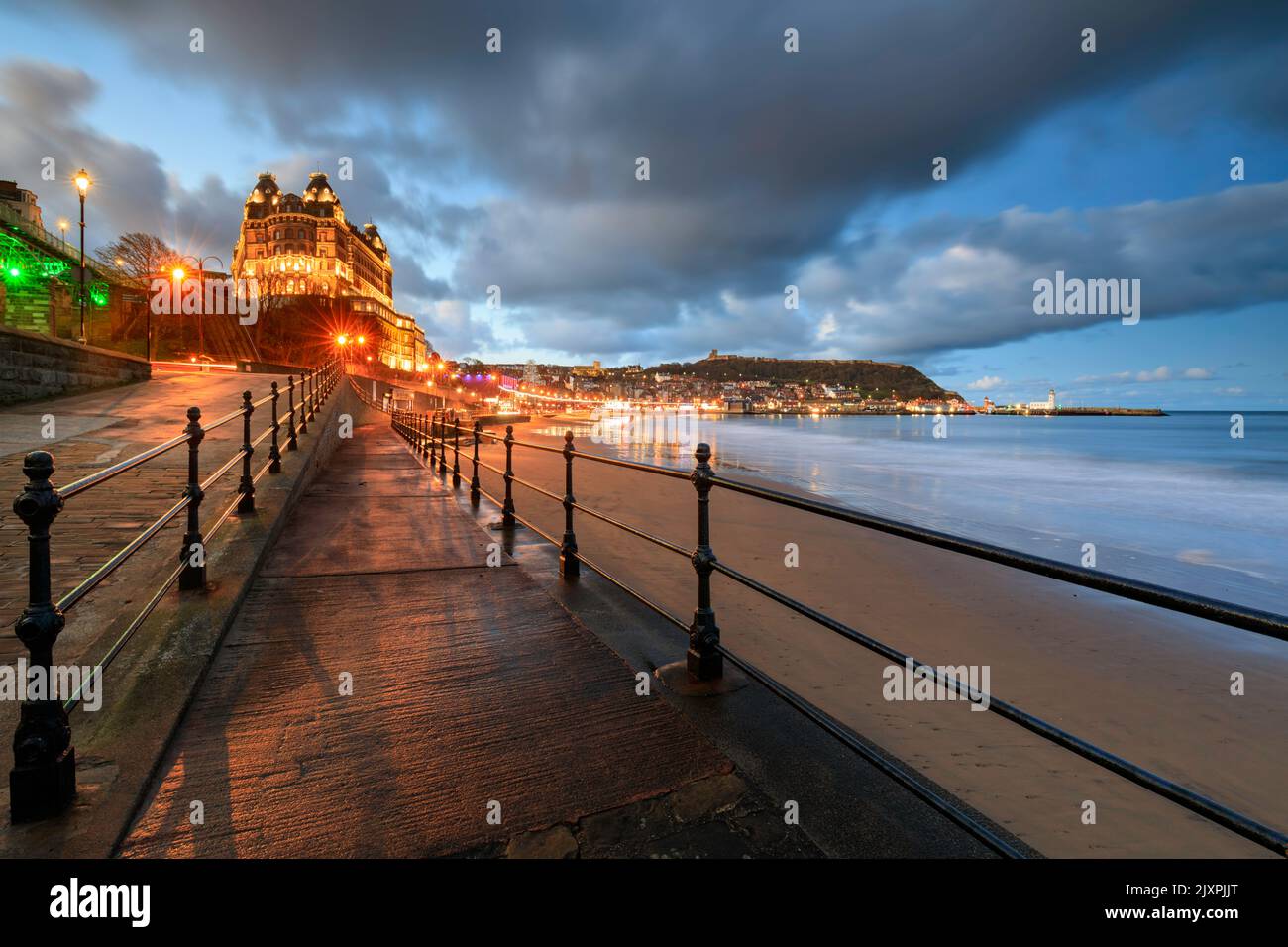 Scarborough captured during twilight from the promenade. Stock Photo