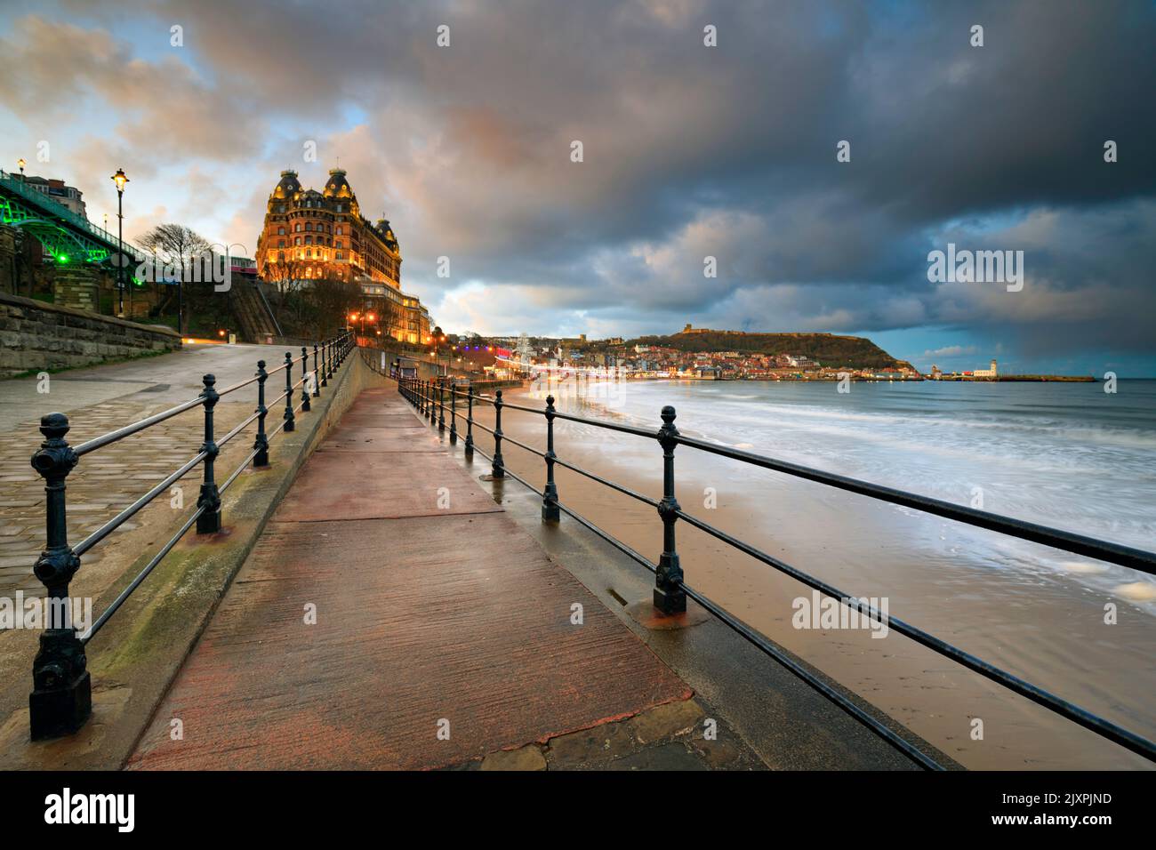 Scarborough captured shortly after sunset from the promenade. Stock Photo