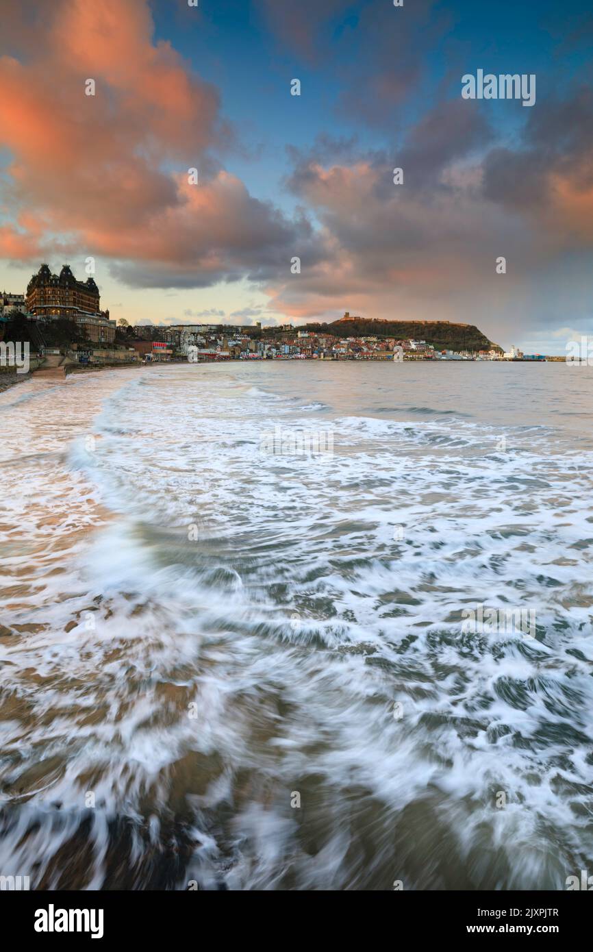 Scarborough captured at sunset from near the spa. Stock Photo