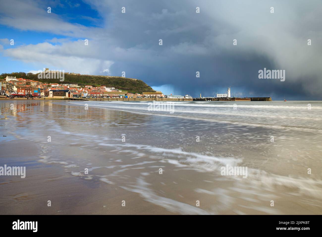 Scarborough captured from South Beach on a stormy afternoon in the spring. Stock Photo