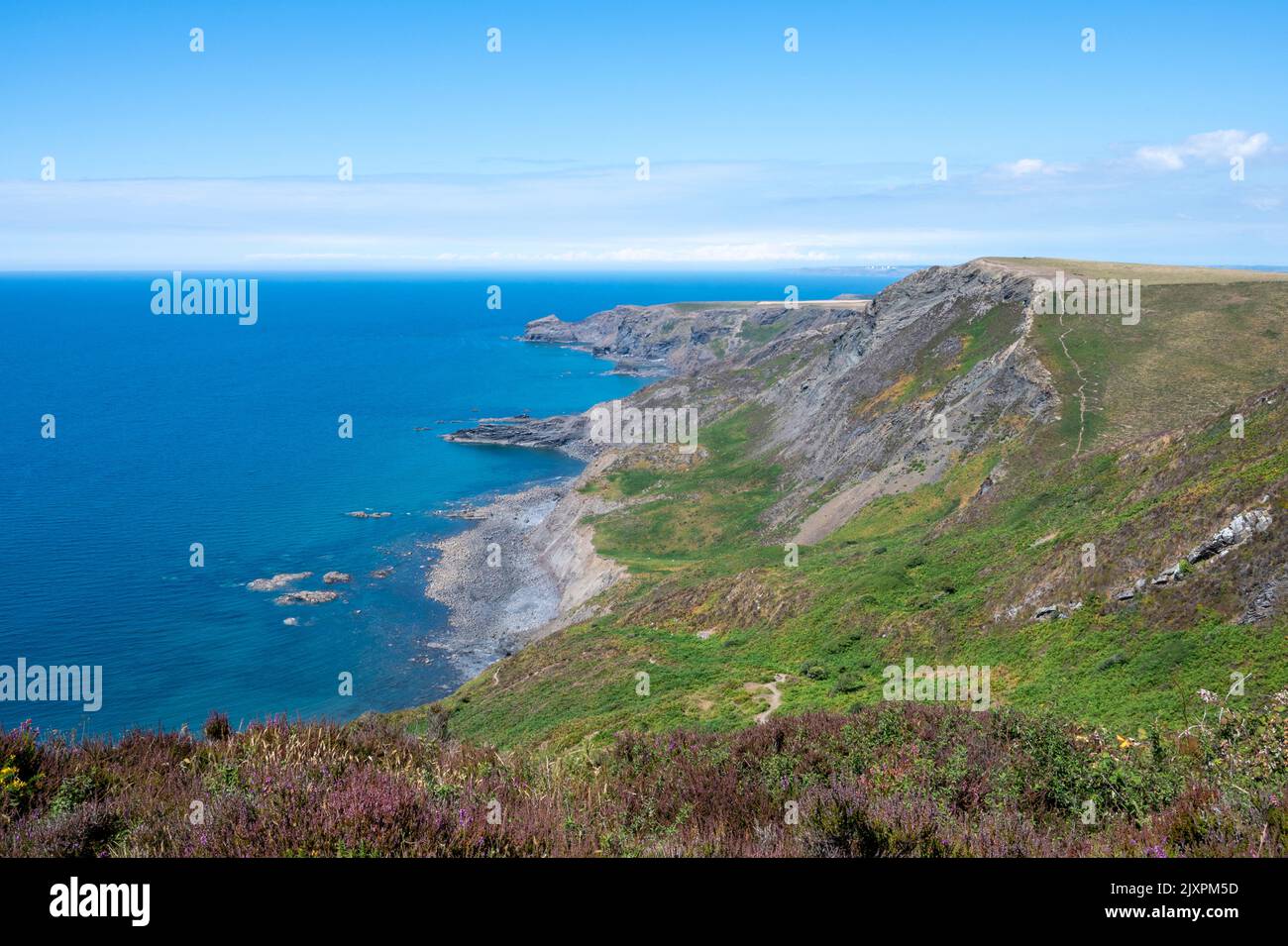 South West Coast Path, North Cornwall, with a view of Cambeak,The Strangles, Rusey Beach from Rusey Cliff. Stock Photo