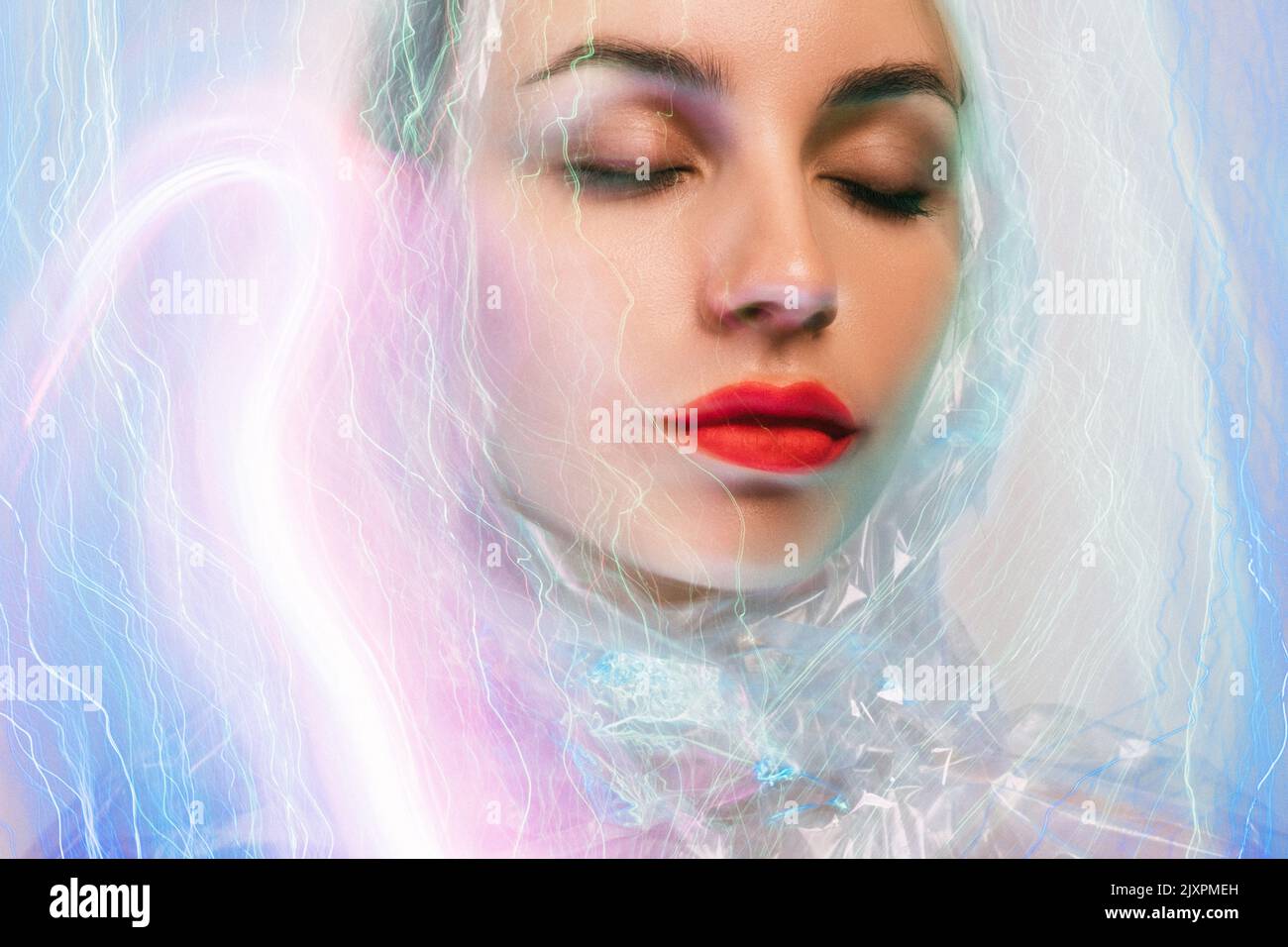 neon light portrait skin rejuvenation face woman Stock Photo