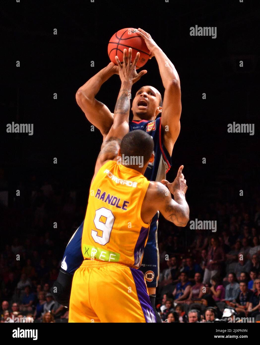 RETRANSMISSION***CORRECTING PLAYERS NAMES TO JEROME RANDLE*** Adris Deleon  of the Adelaide 36ers and Jerome Randle of the Sydney Kings during the  Round 5 NBL match between the Adelaide 36ers and the Sydney