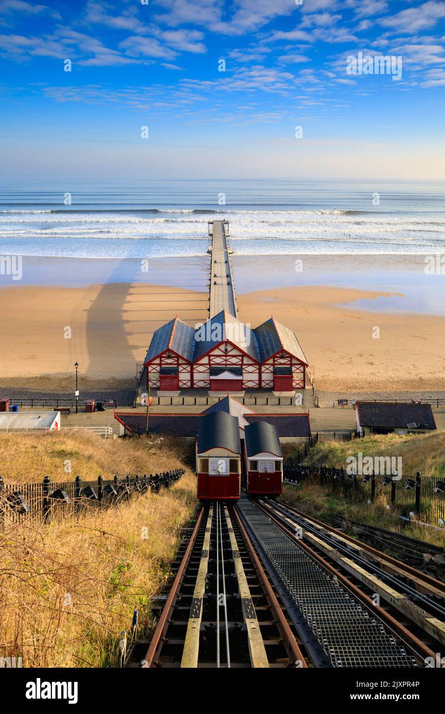 Saltburn Pier with the cliff tramway in the foreground captured on a morning in late March. Stock Photo