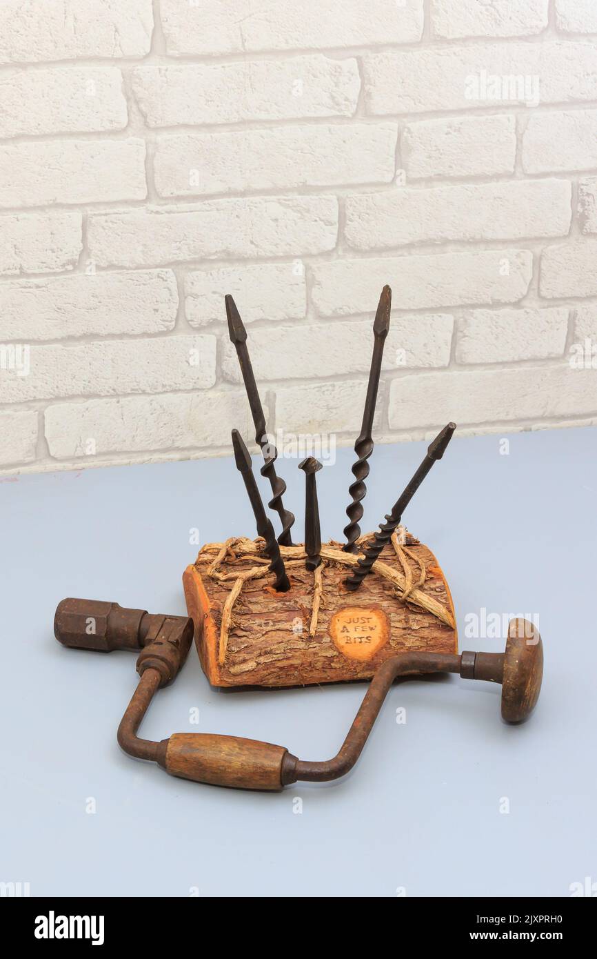 Home crafted wooden carpenters drill bit stand complete vintage drill brace with four wood drill