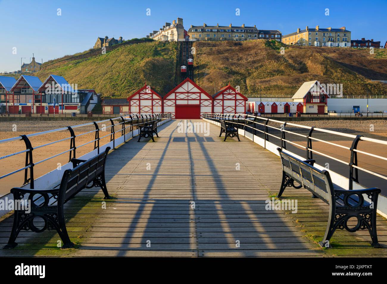 Saltburn-by-the-Sea captured from the pier on a morning in late March. Stock Photo
