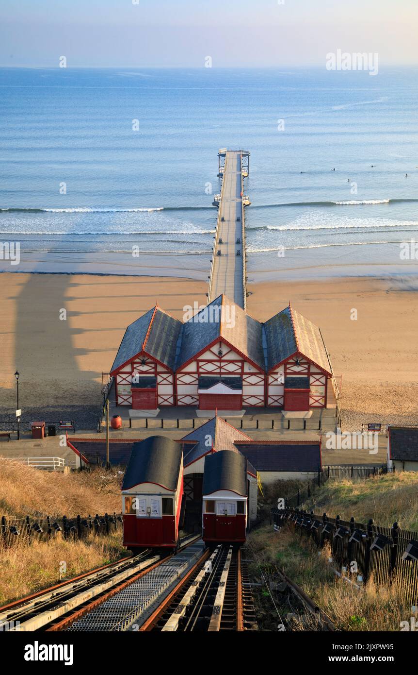Saltburn Pier with the cliff tramway in the foreground captured on a morning in late March. Stock Photo