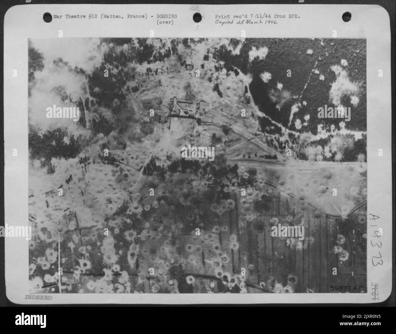 This Aerial Photograph Of The P-Plane Emplacement At Watten, France In The Pas De Calais Area Was Made 26 June 1944, After Repeated Attacks By British And American Bombers. Bombs Have Blanketed The Site And The Woods Around It. Stock Photo