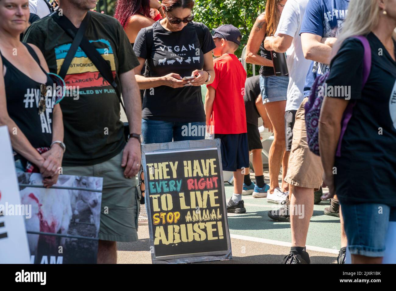 Animal Rights advocates, from anti-carriage horse activists to vegans, and everyone in between, gather in Flatiron Plaza in New york for the Animal Rights March on Saturday, August 27, 2021.  (© Richard B. Levine) Stock Photo