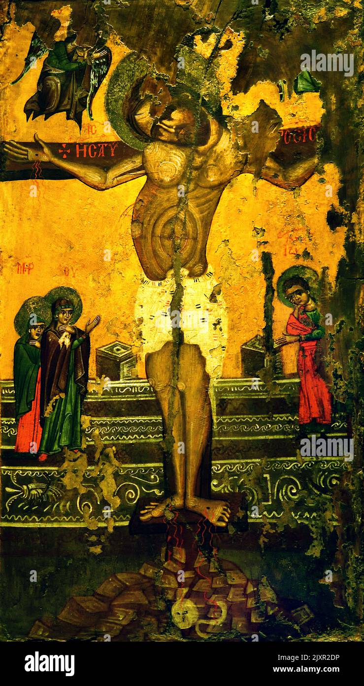 Crucifixion from Berroia 15th Century ,Byzantine and Christian Museum in Athens, Stock Photo
